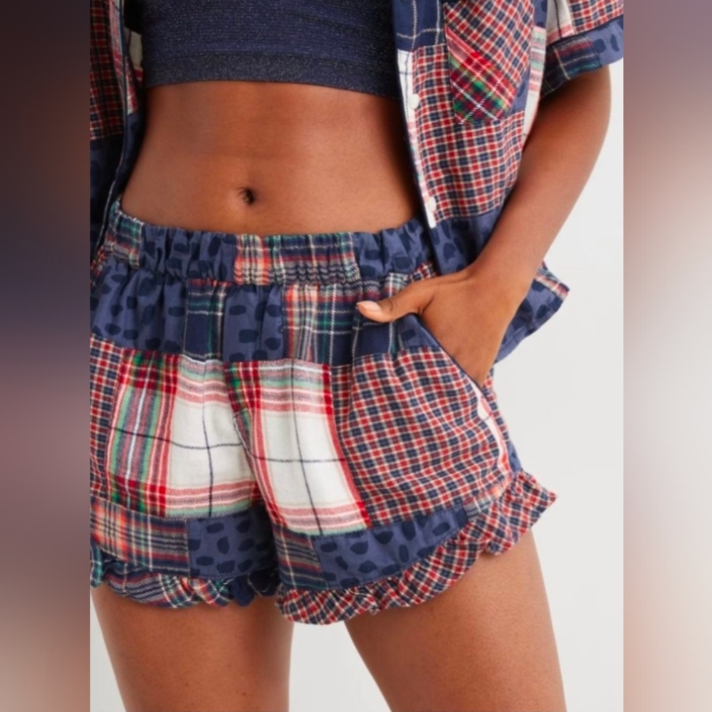 Aerie American Eagle PJ Flannel Ruffle Mixed Print Pieced Fabric Shorts M